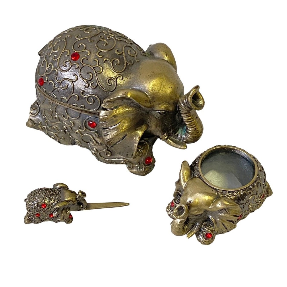 Vtg Bombay Brass Elephant 3-Pc Desk Set Trinket Box Magnifier Letter Opener